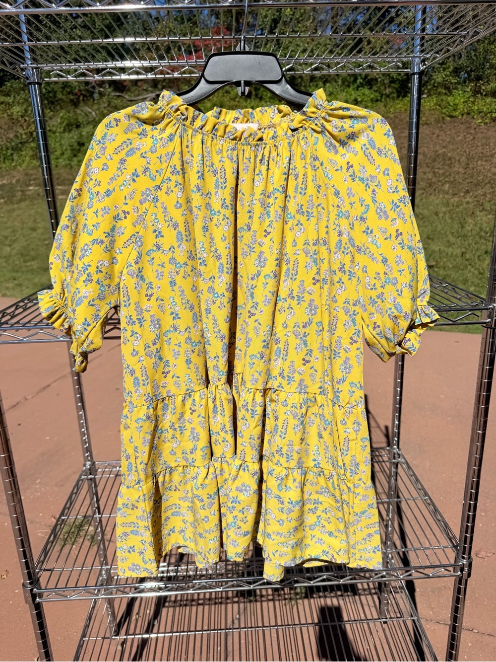 Yellow Floral Tiered Ruffle-Neck Tunic Top